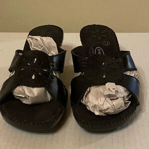 Dr Scholls Sandals Womens 7.5 Marti Black Leather Slides Wedge Casual Open Toe